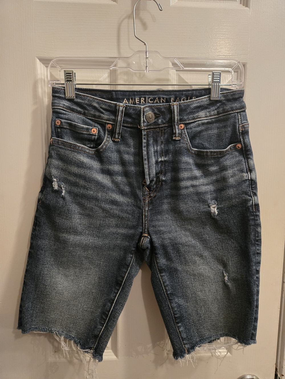 American Eagle Outfitters Men's Dark Blue Distressed Denim Shorts